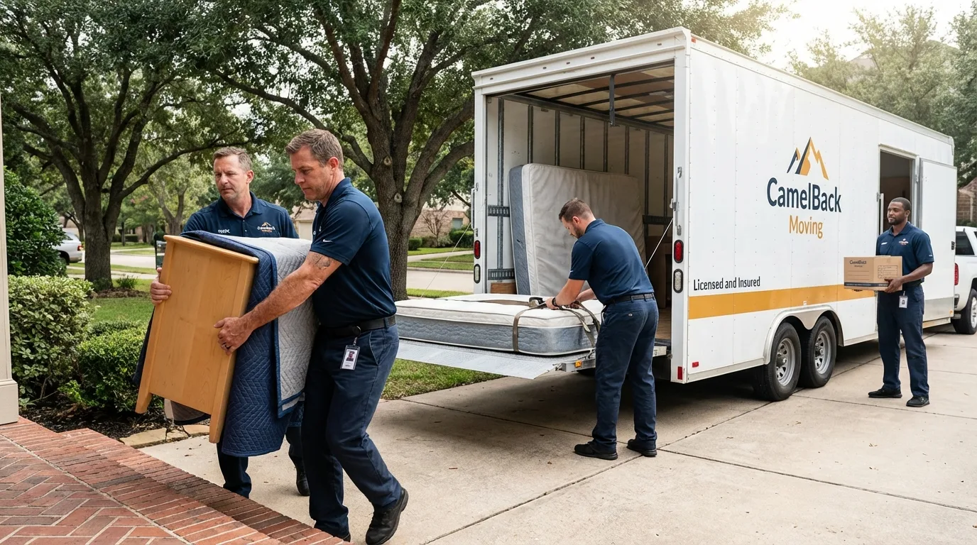 Crew loading residential truck for cross-state move from Mott, ND