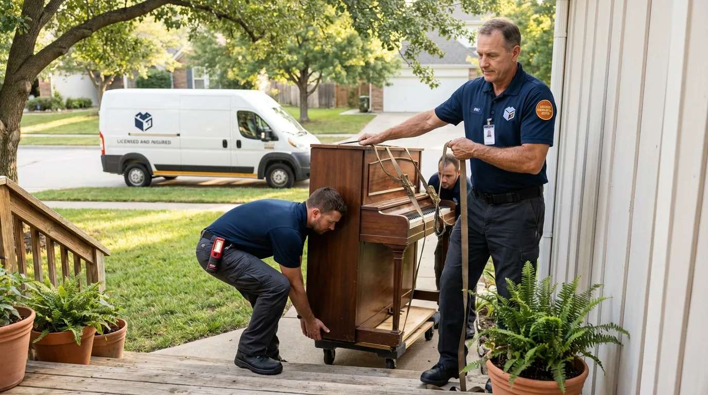 Licensed piano movers securing grand piano in Mott, ND