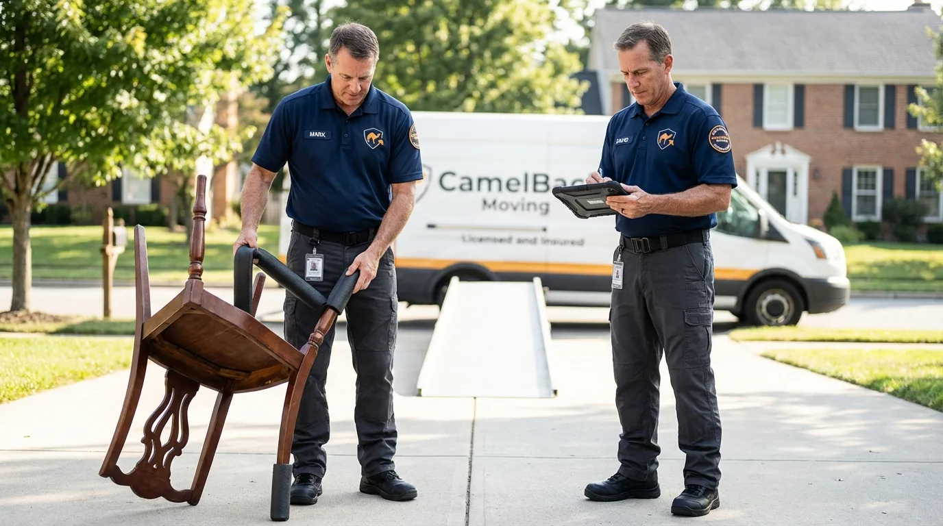Movers inspecting furniture for damage prevention before loading in Mott, ND