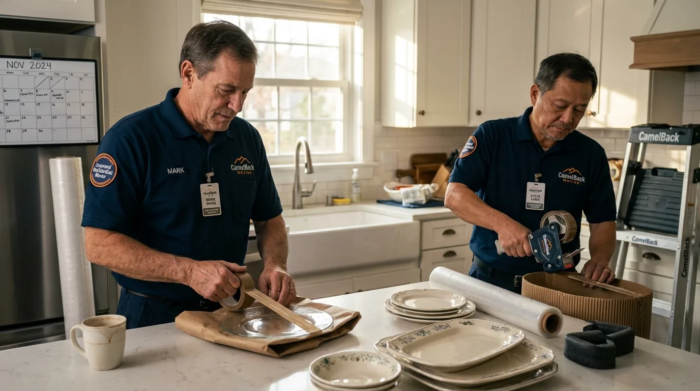 Professional crew packing kitchen dishware in Mott, ND